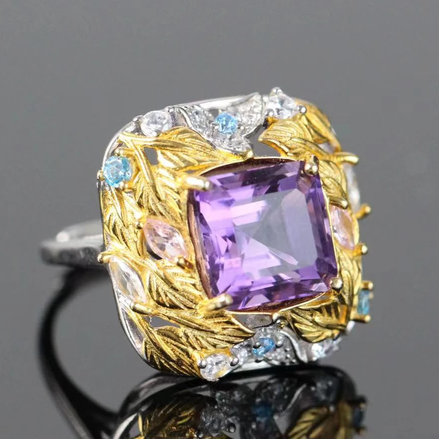 天然紫水晶戒指S925银镶嵌双色紫晶切面精致宝石活口女款时尚饰品