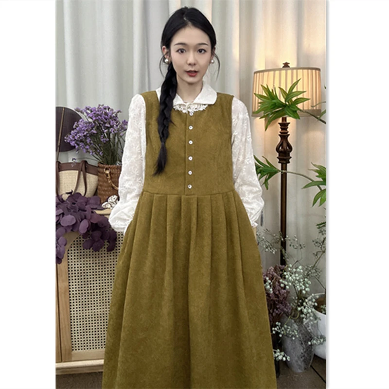 大乔【暖暖】冬季灯芯绒加绒背心裙拼接花边百搭不臃肿