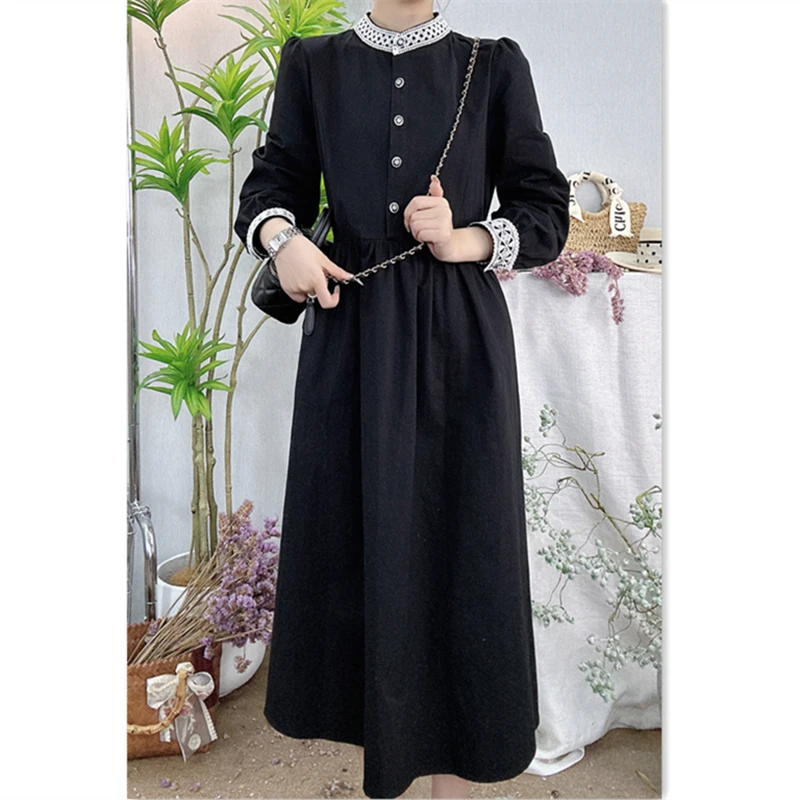 大乔【赫本】纯棉秋冬款加厚连衣裙黑色拼接花边