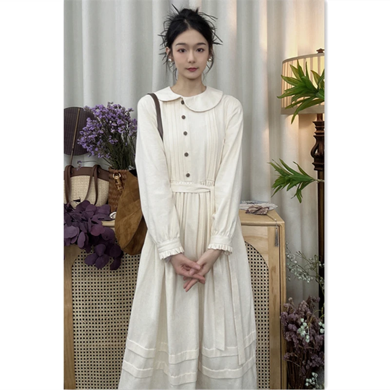 大乔【月光】秋冬纯棉磨毛加厚连衣裙白色系干净设计感长袖裙子