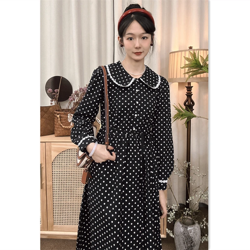 大乔【黑珍珠】秋款纯棉长袖连衣裙波点翻领花边拼接黑色法式气质