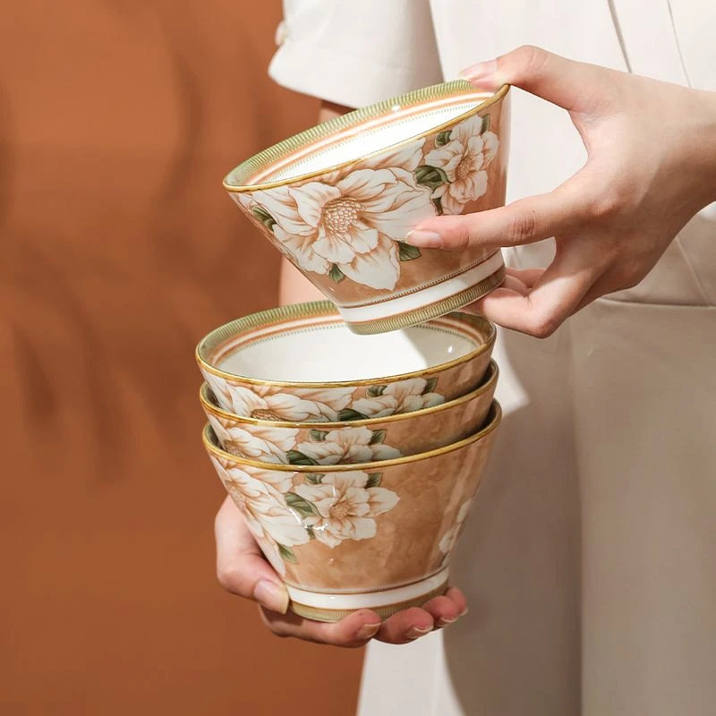 4碗4勺】吃饭小碗勺网红碗家用陶瓷碗5寸斗笠碗加厚防烫米饭碗餐具