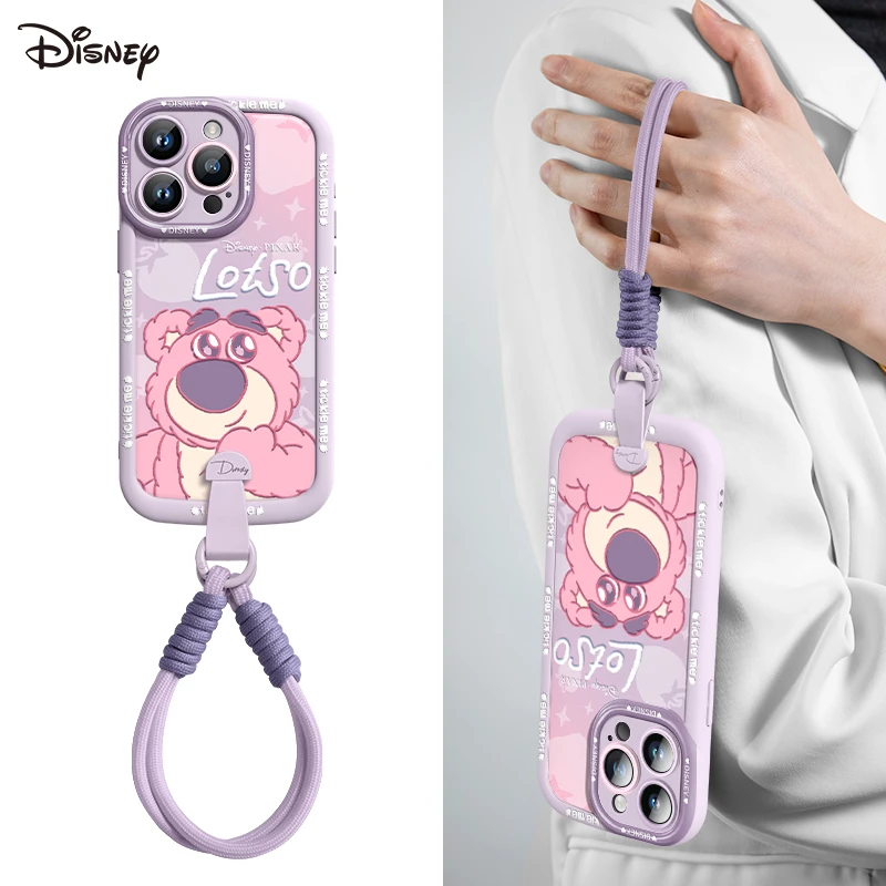 迪士尼适用苹果16Promax手机壳挂绳iPhone15/14卡通少女粉草莓熊