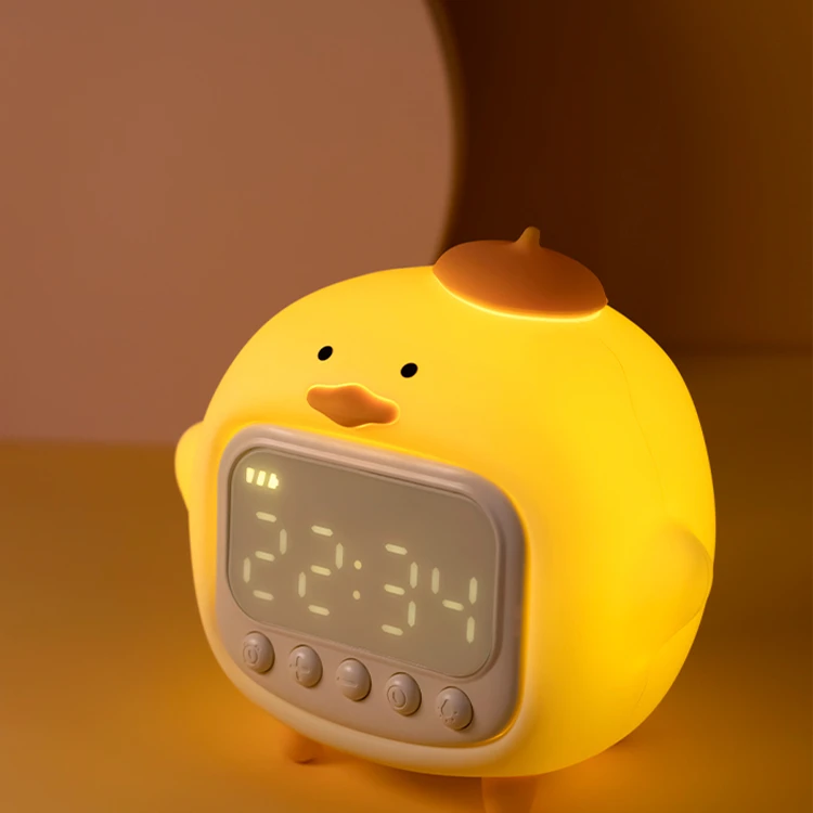 萌趣小胖鸭闹钟带起夜灯光双功能可小程序调节硅胶Q弹外观