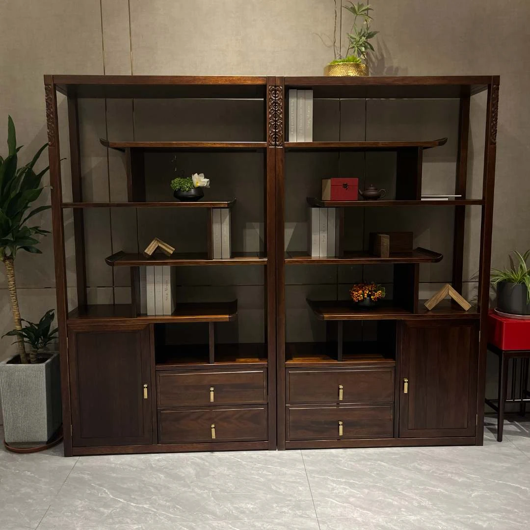 Y303#新中式乌金木博古架置物架玄关架禅意中式家具1150*400*2000