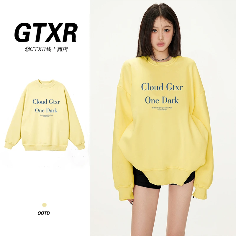 美式休闲无帽圆领卫衣女秋冬短款小个子宽松显瘦百搭长袖上衣