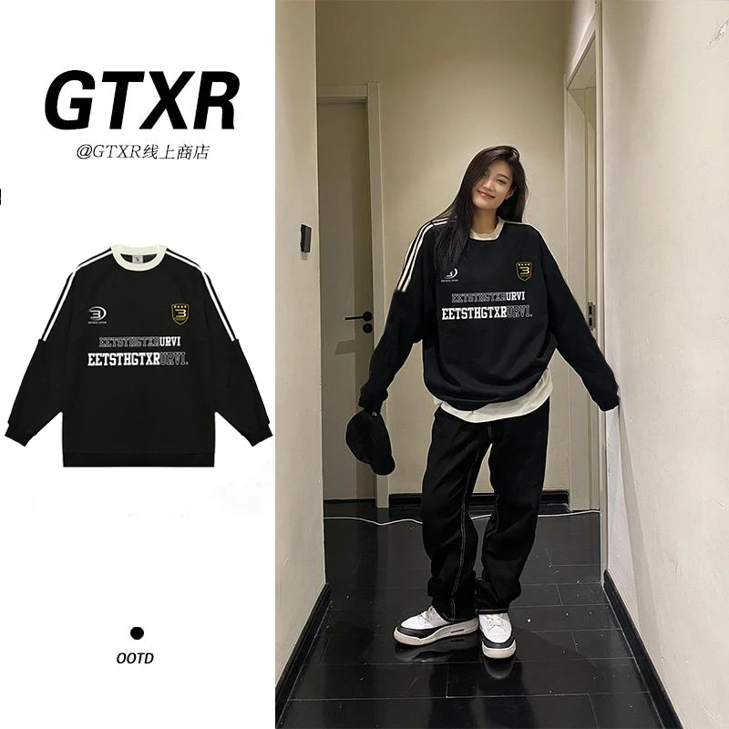 美式复古运动卫衣女男春秋宽松条纹长袖t恤情侣圆领oversize上衣