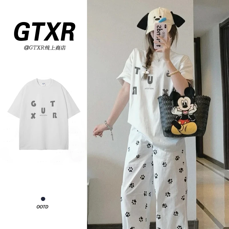 夏季宽松2024新款字母印花休闲T恤短袖女装上衣显瘦小众设计感ins