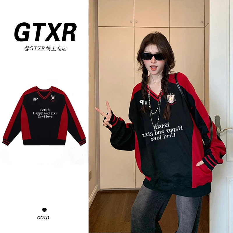 美式拼色V领宽松显瘦卫衣女秋季运动风oversize复古外套长袖上衣