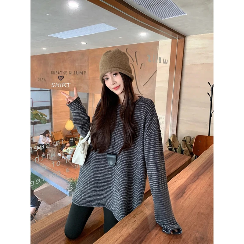 条纹磨毛加厚长袖T恤女慵懒休闲风宽松中长款内搭打底衫初冬上衣