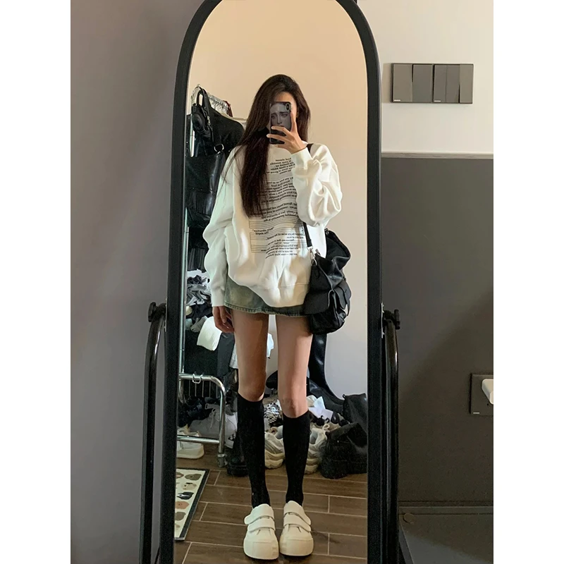 圆领白色卫衣女长袖春秋薄款美式复古重磅慵懒风无帽时尚上衣外套