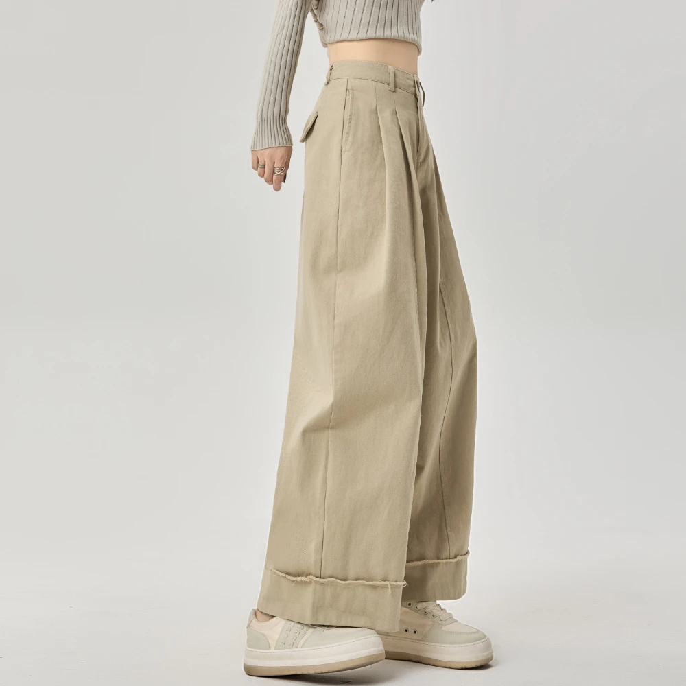 韩版chic石磨翻折毛边阔腿裤女春秋休闲裤显瘦九分裤直筒大甩裤子