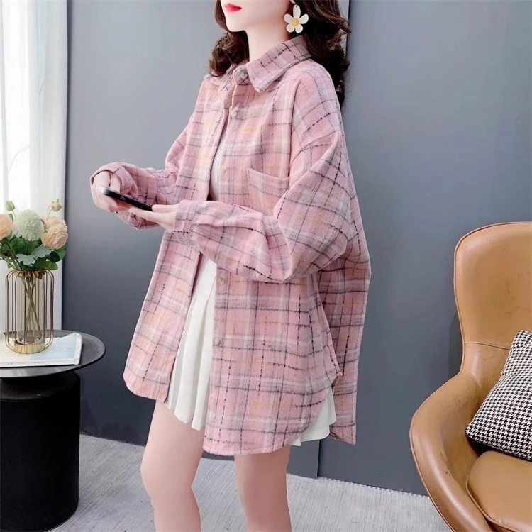 中长款磨毛格子衬衫女春秋季2024年宽松加厚港味复古长袖外套上衣