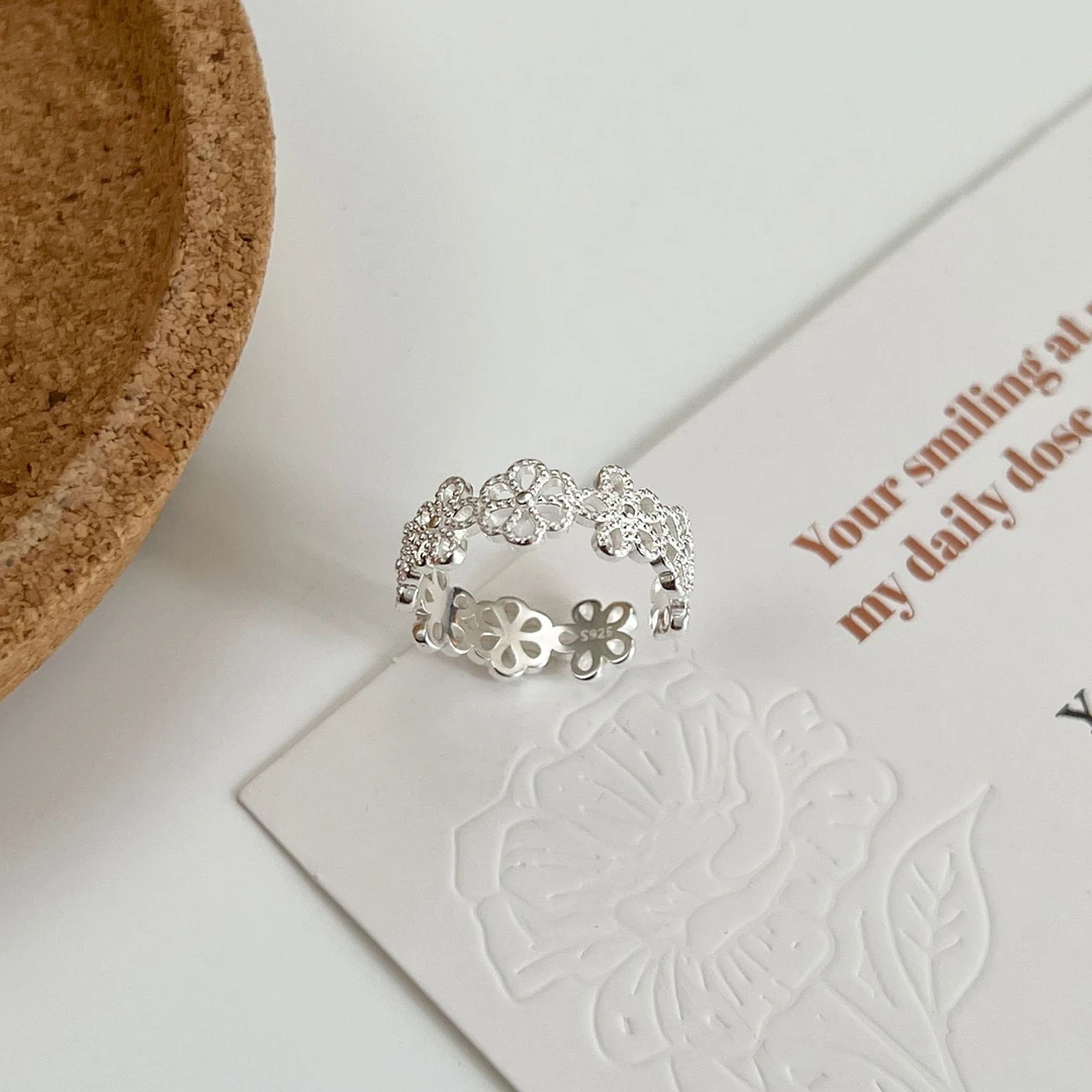 925银戒指 樱花素圈戒指女可调节活口指环轻奢小众设计手工食指戒