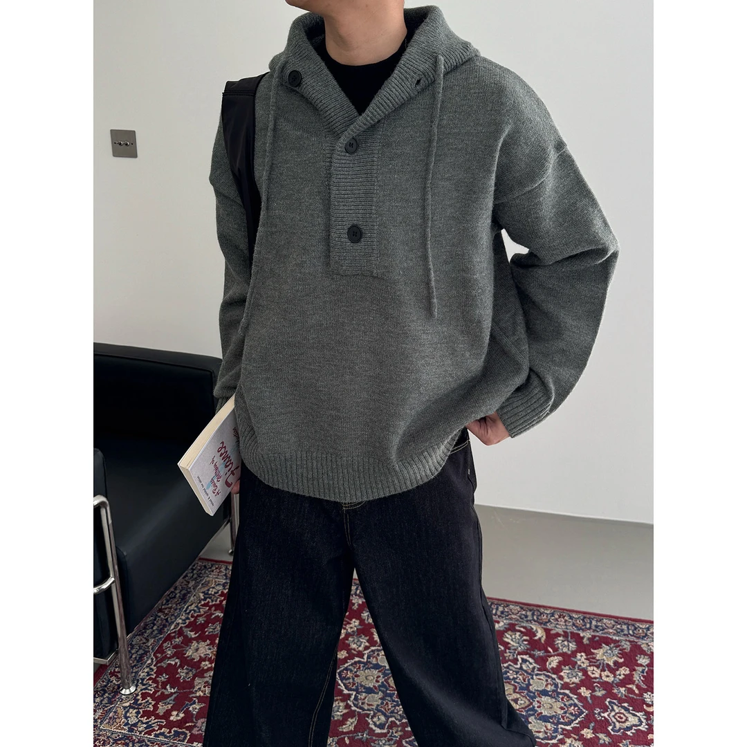 19studio WAYNEPRINCE秋冬连帽设计纽扣毛衣纯色百搭情侣针织衫