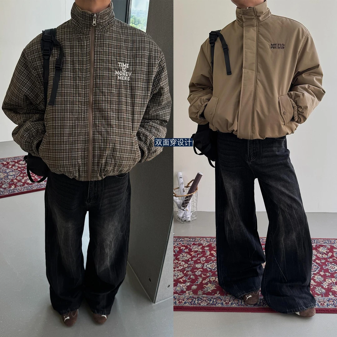 19studio WAYNEPRINCE 潮流立领落肩长袖加厚两面穿格子棉服外套