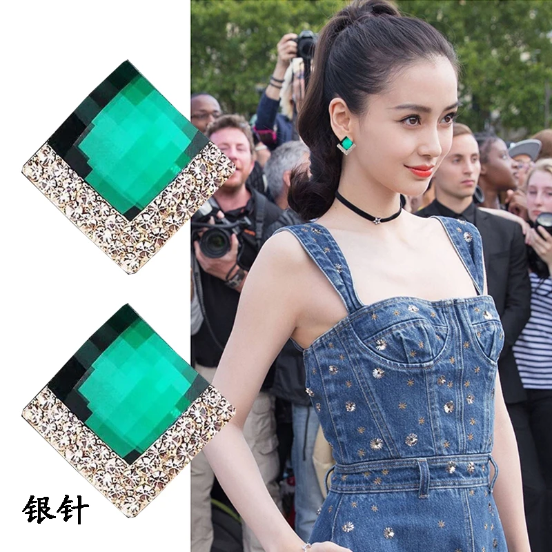 铜合金耳饰 银针双菱形绿色耳环高贵百搭夏季耳钉高级感轻奢耳饰