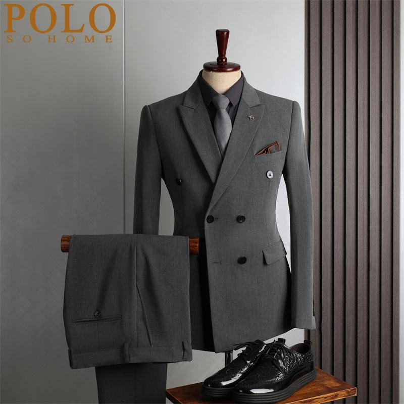 保罗西装套装男英伦风双排扣商务休闲西装新郎结婚礼服正装三件套