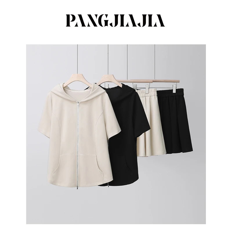 【胖佳佳】露露套装 短袖连帽上衣百褶半裙夏季休闲运动H624A07510