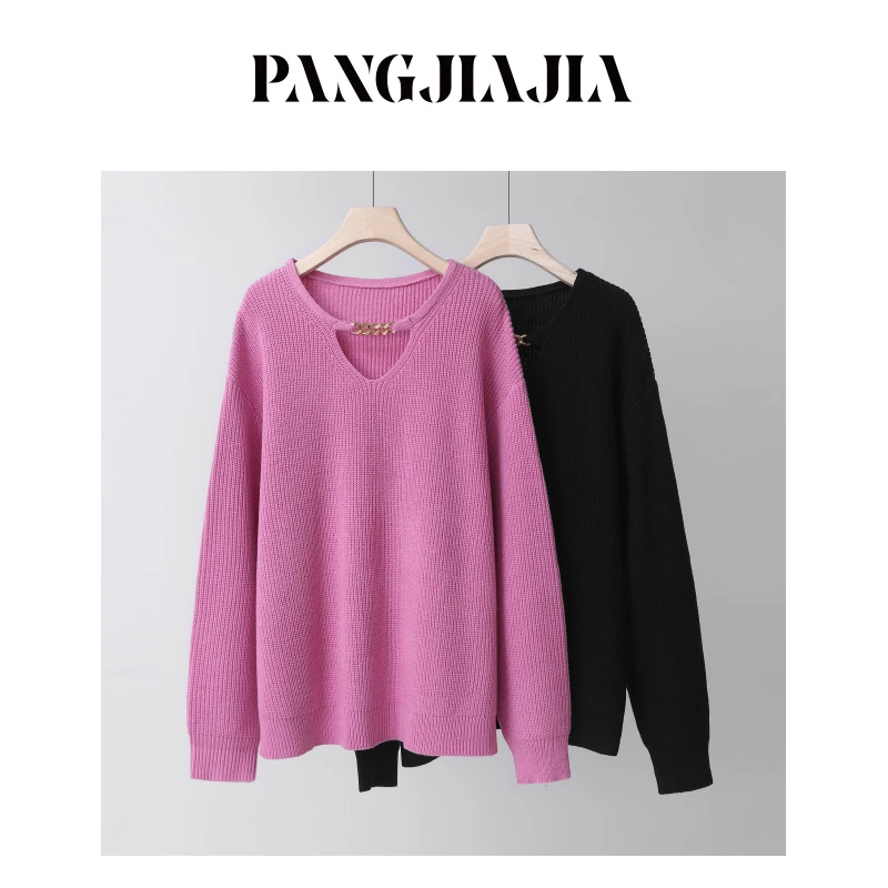 【胖佳佳】梅子熟了 圆领链条针织衫女宽松长袖套头毛衣H623Z07529