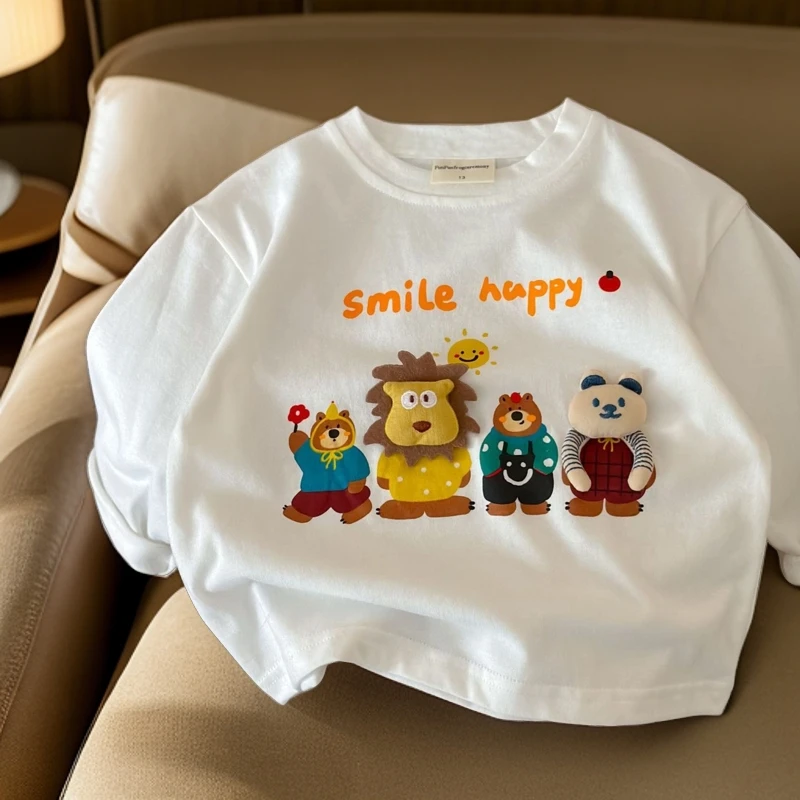 纯棉儿童长袖T恤2025秋款男女童立体卡通潮T宝宝圆领字母打底衫