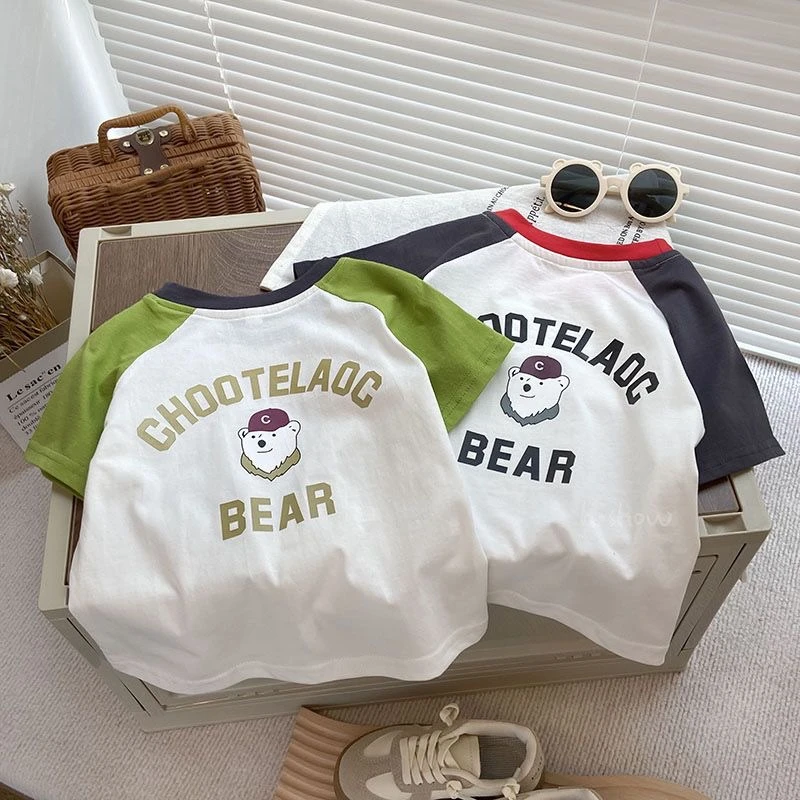 纯棉儿童短袖T恤夏季撞色新款休闲洋气男童宝宝薄款卡通上衣宽松