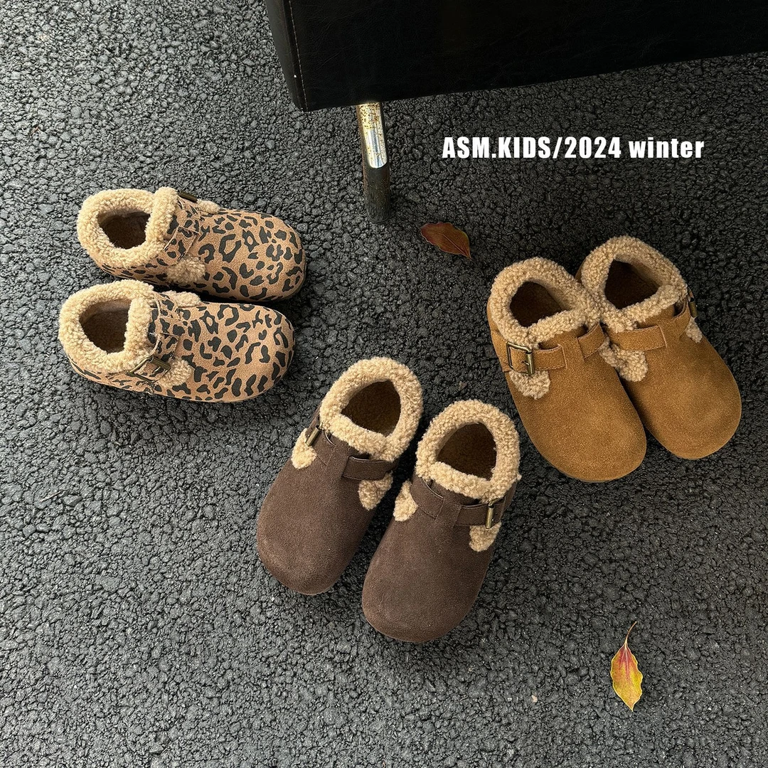 艾尚萌童鞋儿童冬款真皮加绒勃肯鞋女童保暖毛毛鞋男童软底棉鞋