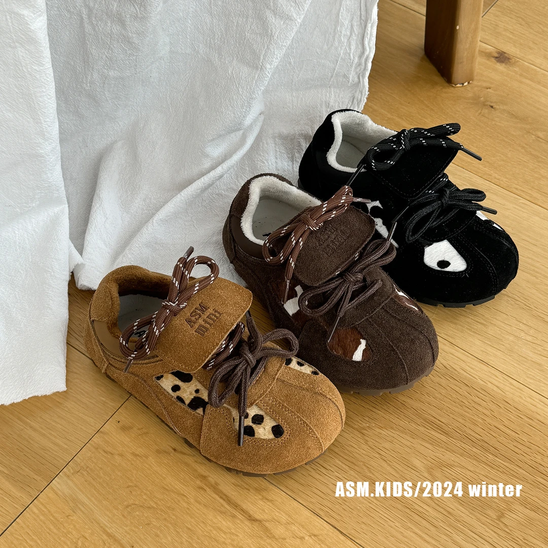 艾尚萌童鞋2024秋冬新款儿童真皮复古德训鞋男女童保暖休闲鞋板鞋