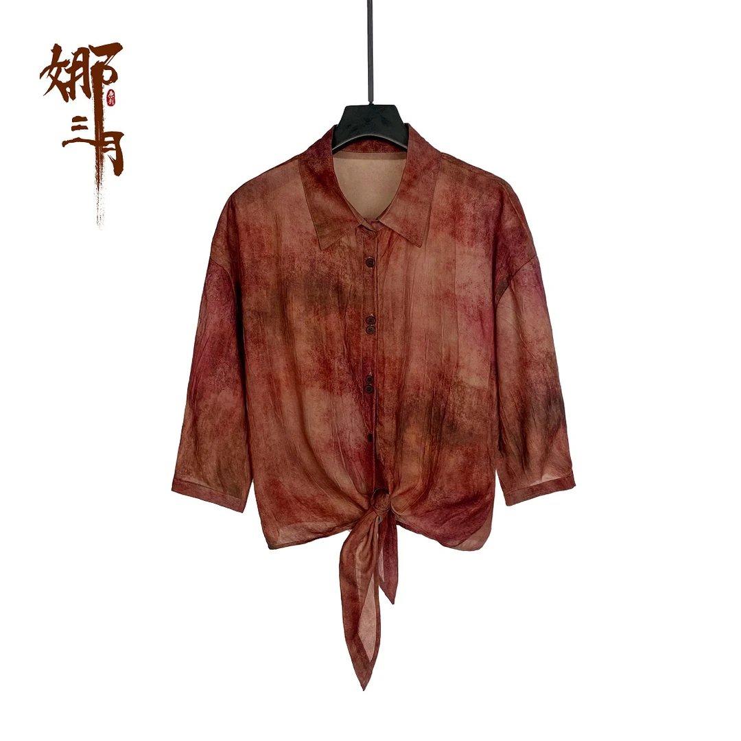 娜三月【油画】油画感渲染轻盈舒适系带衬衫9001-3衬衣中式春夏