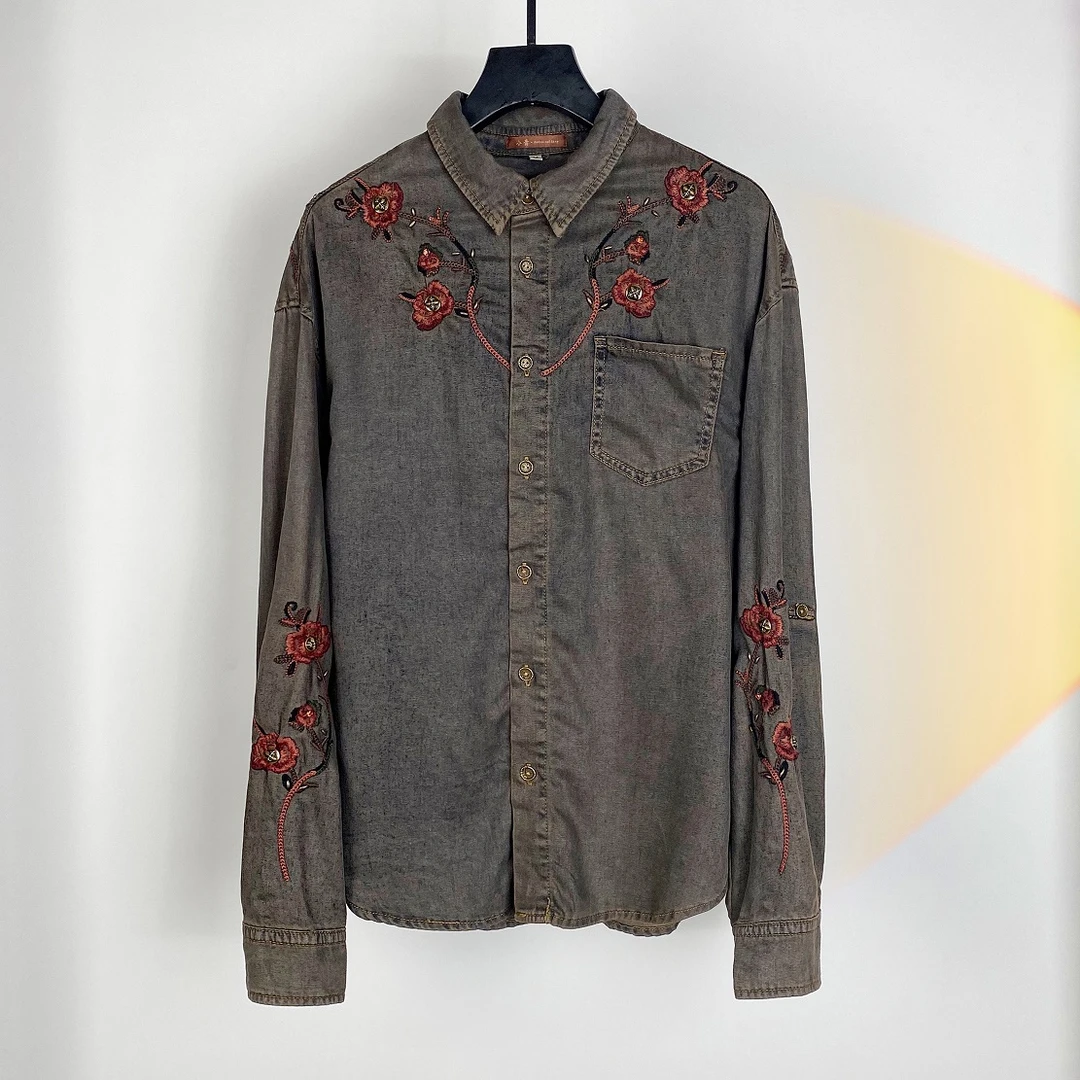 娜三月【木桑花】复古扎染手工刺绣软牛仔衬衫CRM198绣花XP