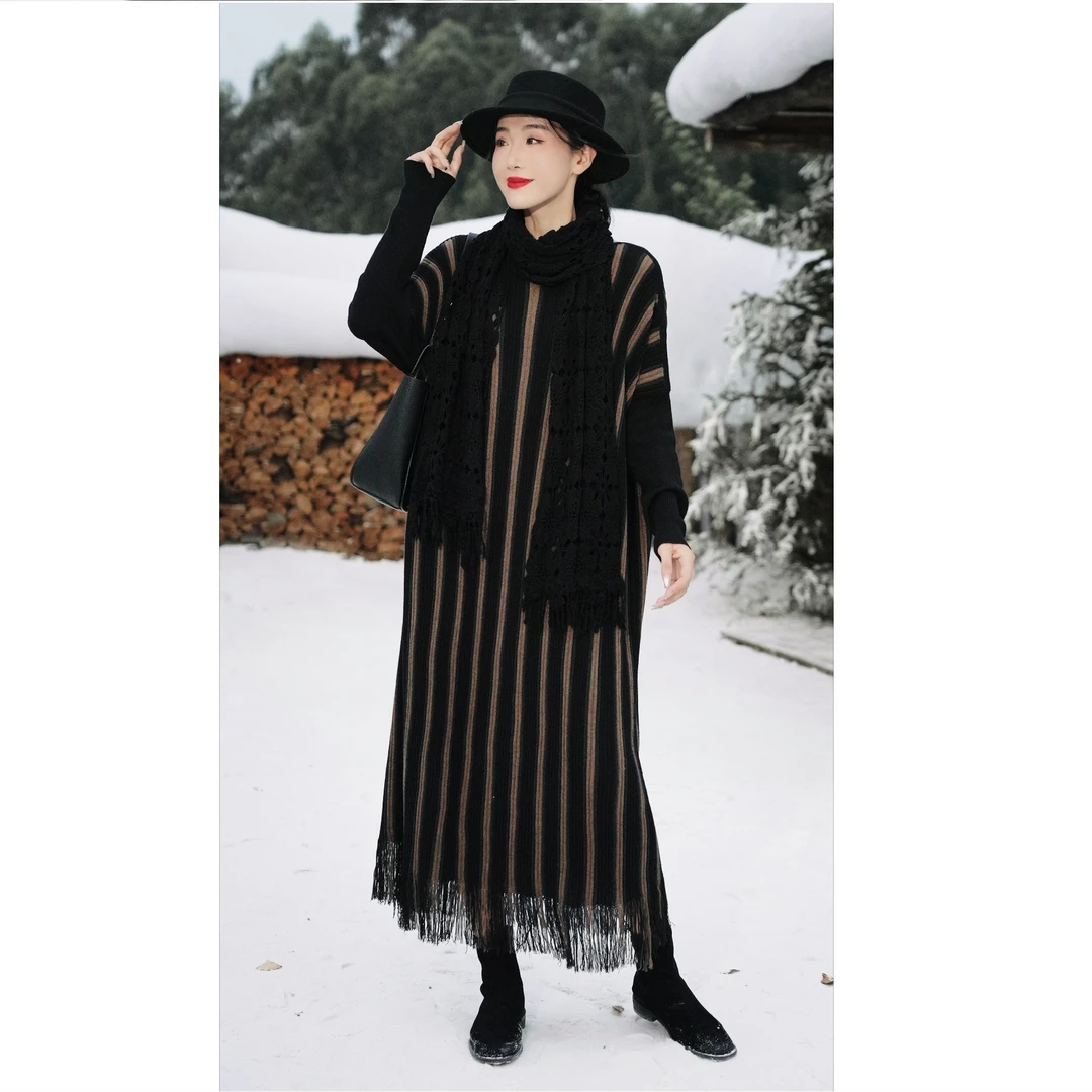 【定制】复古慵懒腔调精致条纹流苏长裙0886