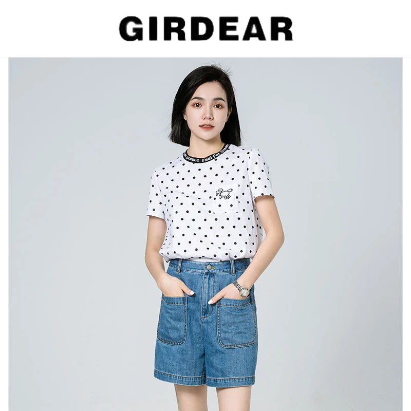 GIRDEAR/哥弟春夏新款圆领波点潮流百搭气质显瘦纯棉T恤女1300343