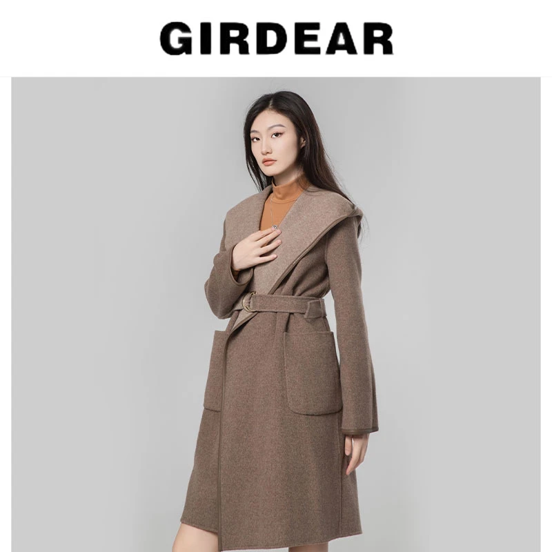 GIRDEAR/哥弟秋冬气质经典连帽系带双面穿中长款毛呢大衣 1400503