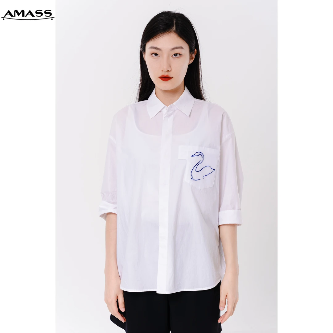 AMASS/阿玛施夏季新款宽松小众设计感气质天鹅印花衬衫女 5300977