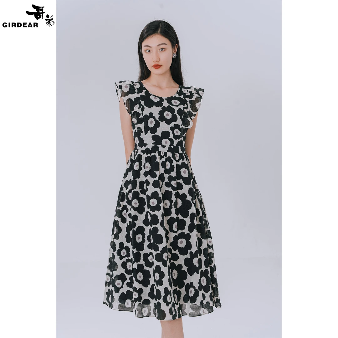 GIRDEAR/哥弟气质收腰显瘦复古茶歇法式碎花赫本风连衣裙 1500480