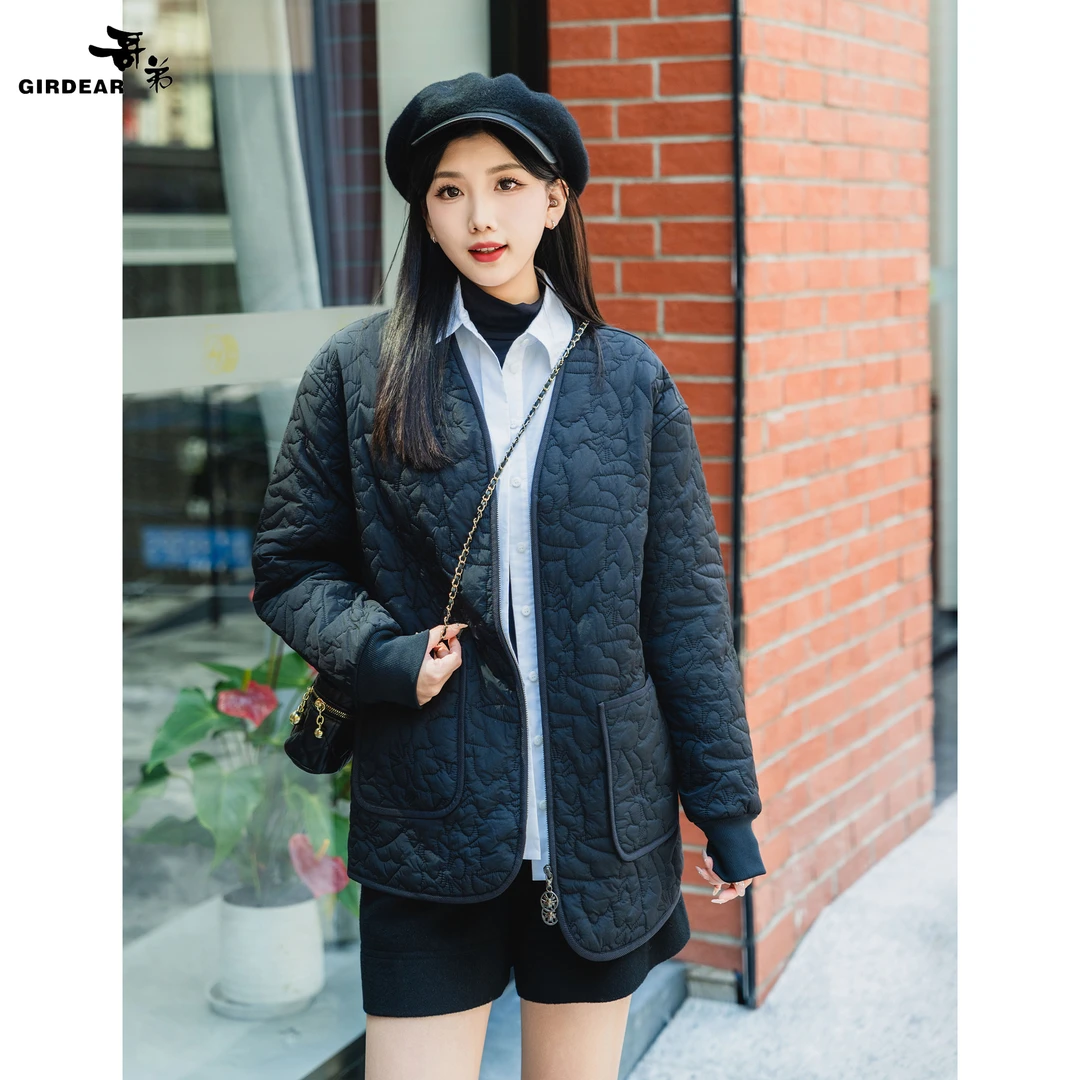 GIRDEAR/哥弟新款时尚休闲简约宽松压纹秋冬百搭棉服外套 1400769