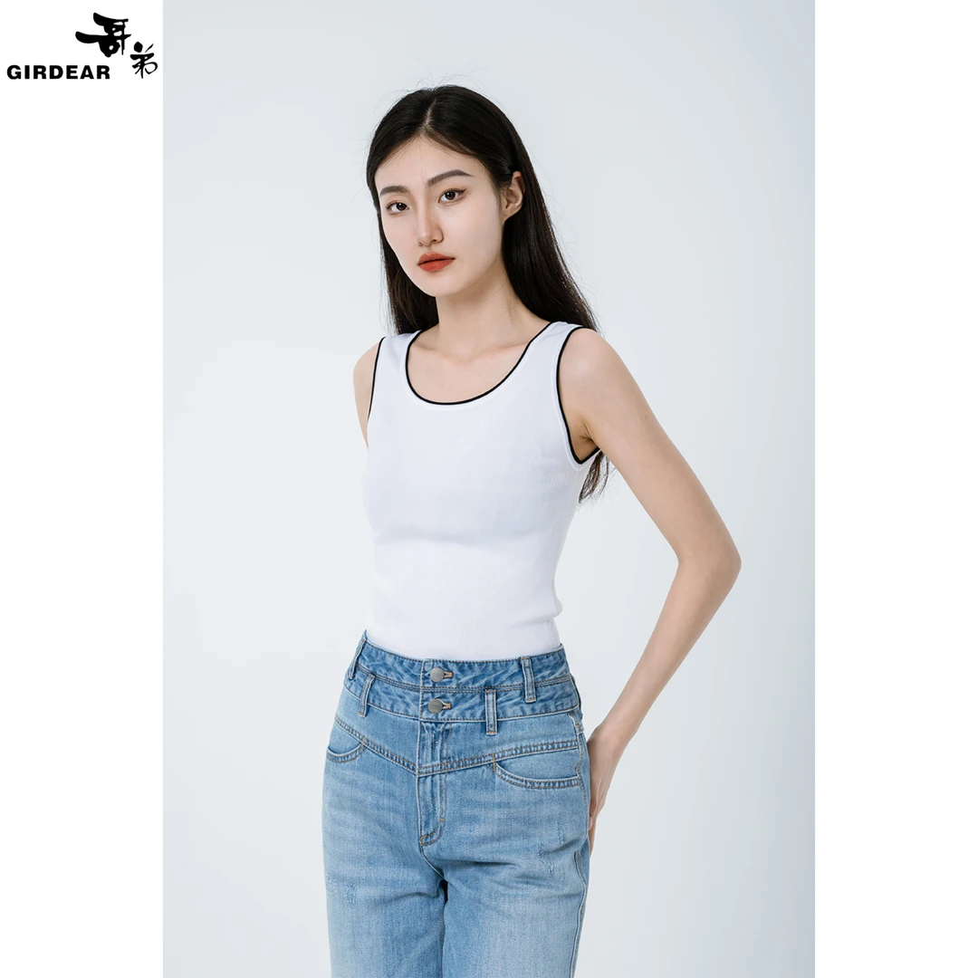 GIRDEAR/哥弟新款时尚百搭U领线条拼色套头冰丝针织小背心1399608