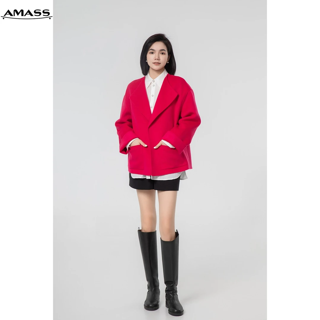 AMASS/阿玛施秋季新款简约翻领宽松中长款双面呢外套女 5400778