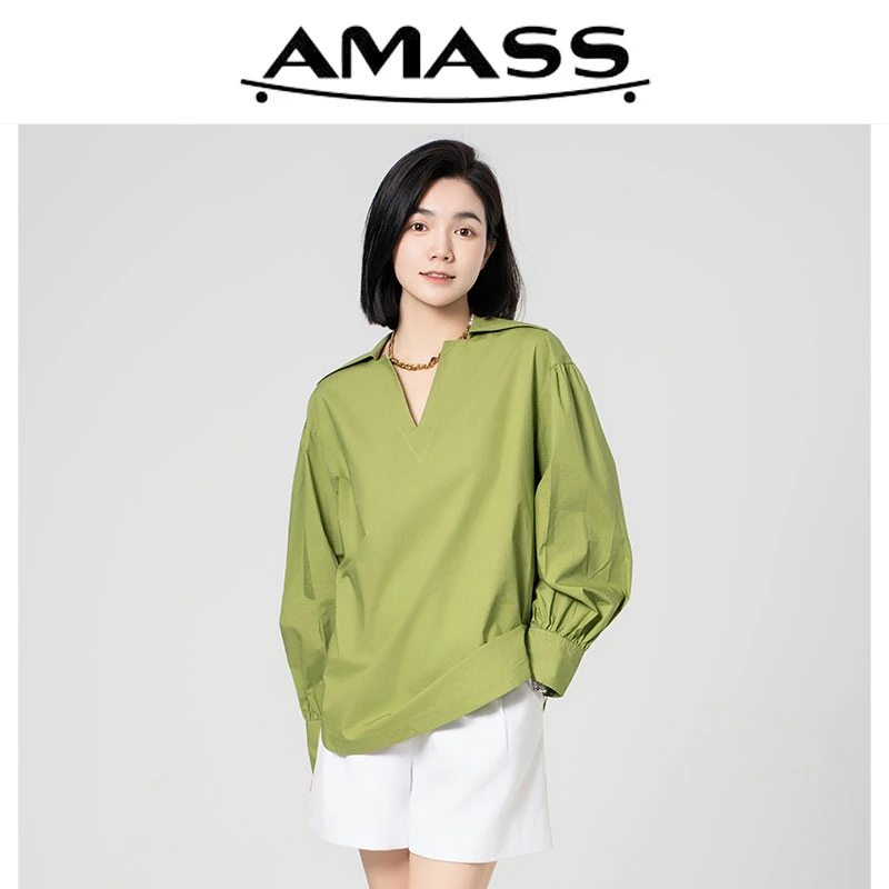 AMASS/阿玛施春夏新款V领休闲宽松气质纯色小众长袖衬衫女5300918