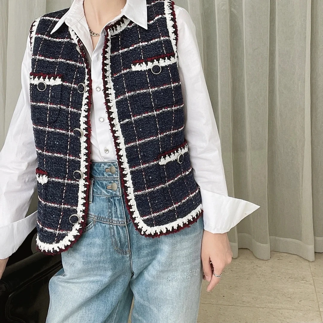 GIRDEAR/哥弟气质修身百搭粗花呢小香风造型马甲短外套女 1400507