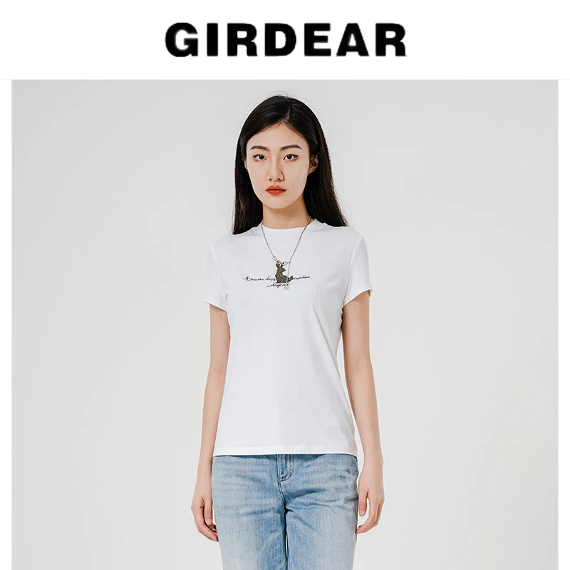 GIRDEAR/哥弟时尚质感舒适百搭简约修身显瘦短袖T恤上衣女1300407