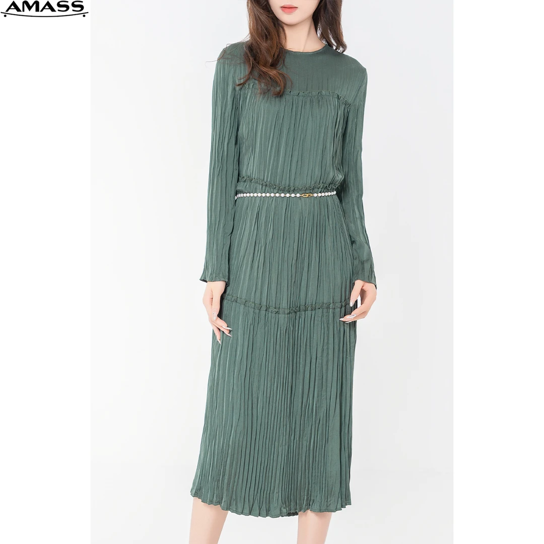 AMASS/阿玛施新款时尚优雅质感压褶长袖遮肉气质连衣裙女 5500445