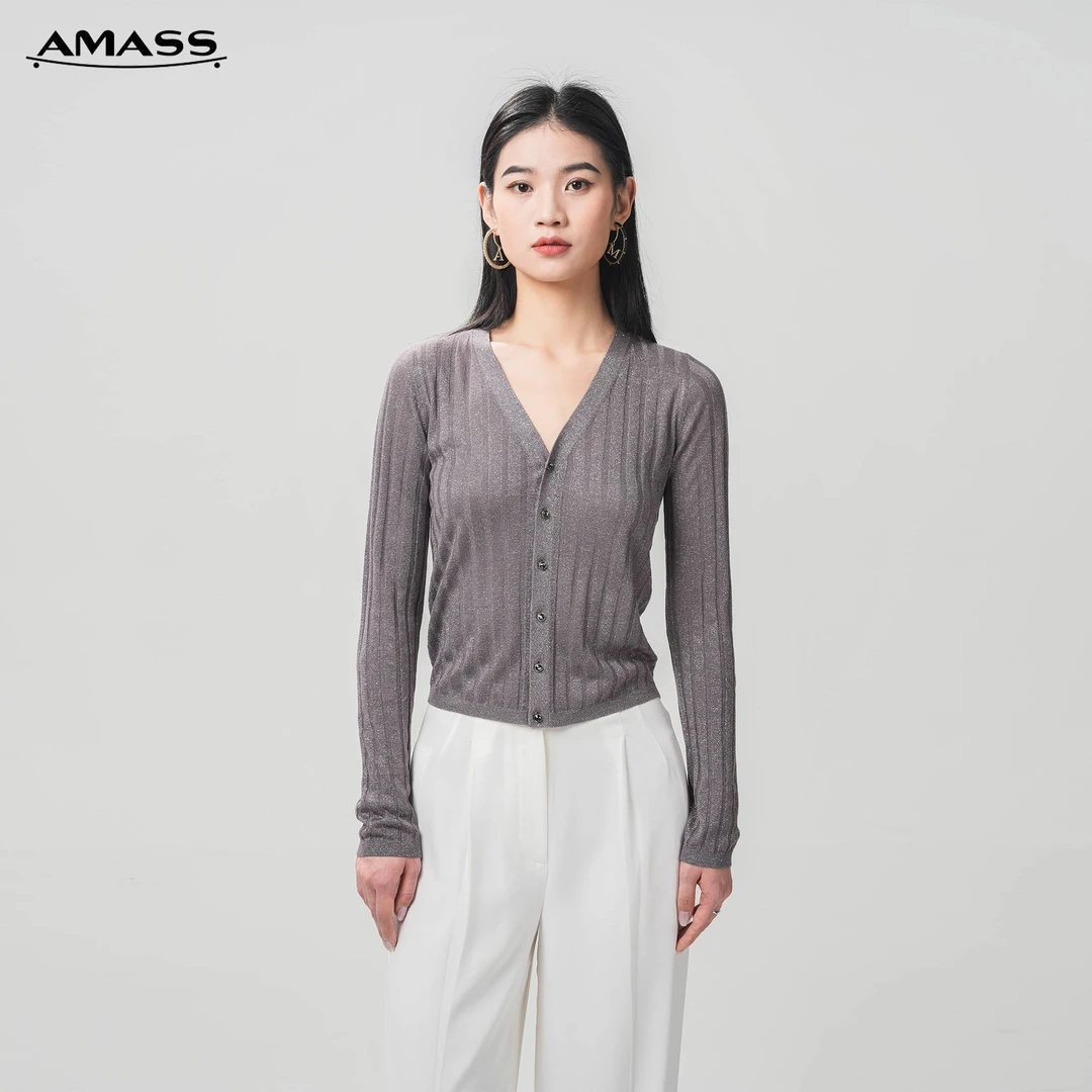 AMASS/阿玛施春夏新款修身短款v领薄款针织开衫打底外套女5499204