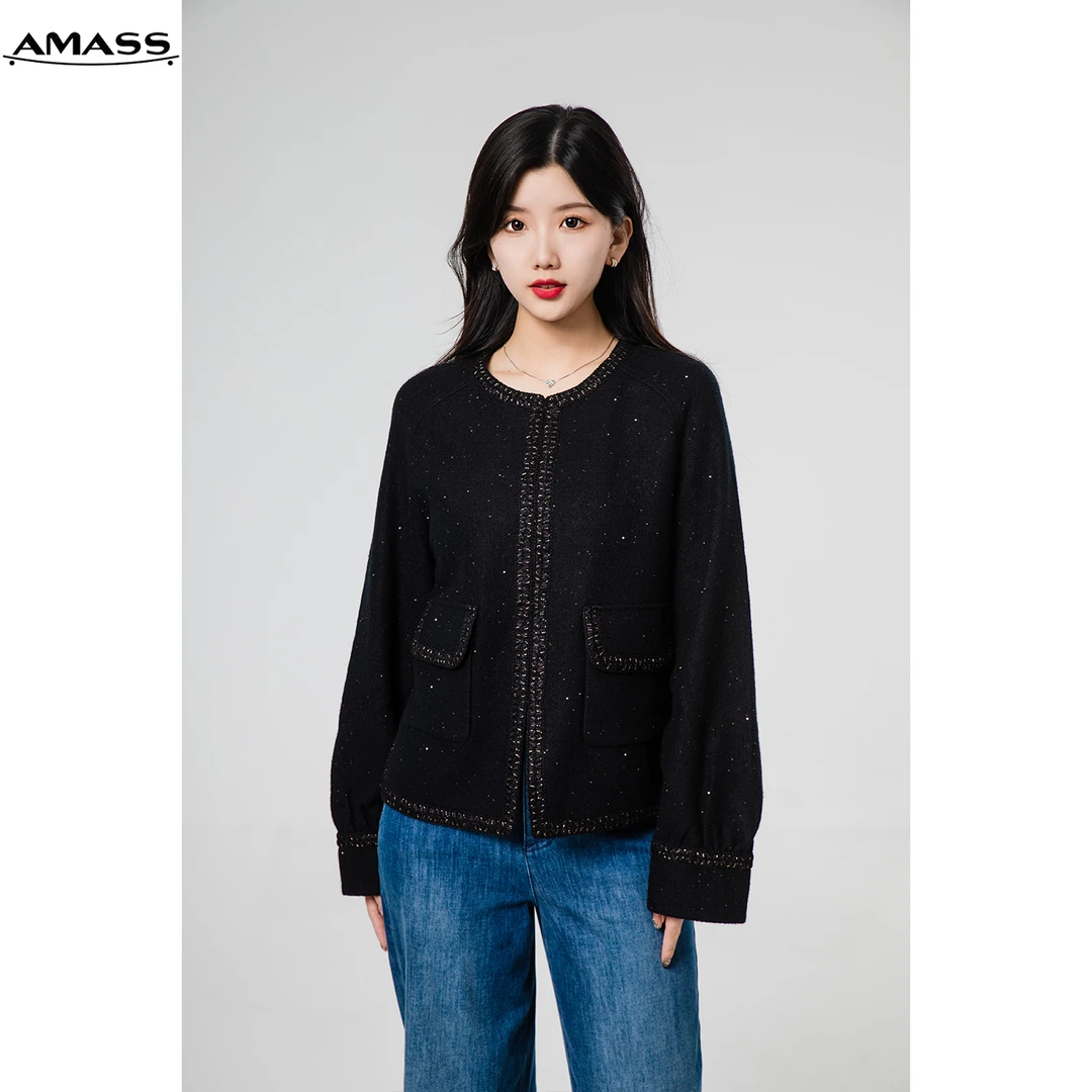 AMASS/阿玛施秋冬时尚百搭圆领毛呢亮片小香风长袖外套女 5400312
