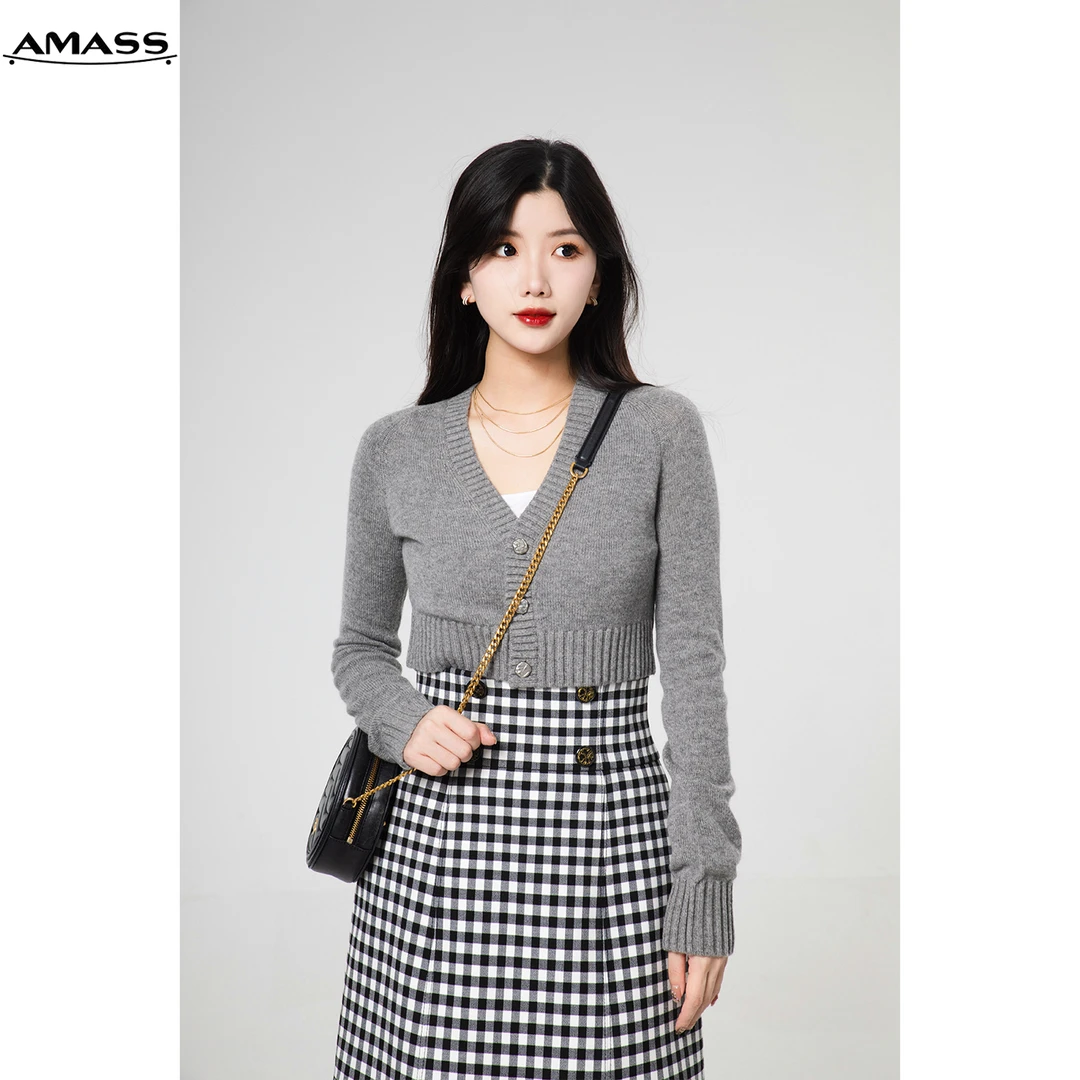 AMASS/阿玛施秋季新款美拉德风加厚羊绒针织衫短款开衫女 5499199