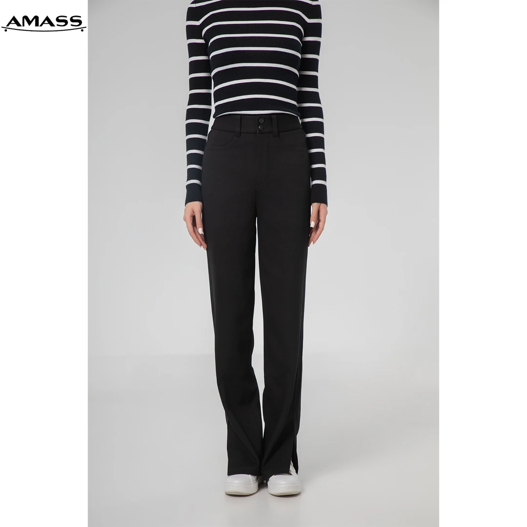 AMASS/阿玛施春夏新款气质高腰显瘦修身直筒西装裤微喇裤 5100417