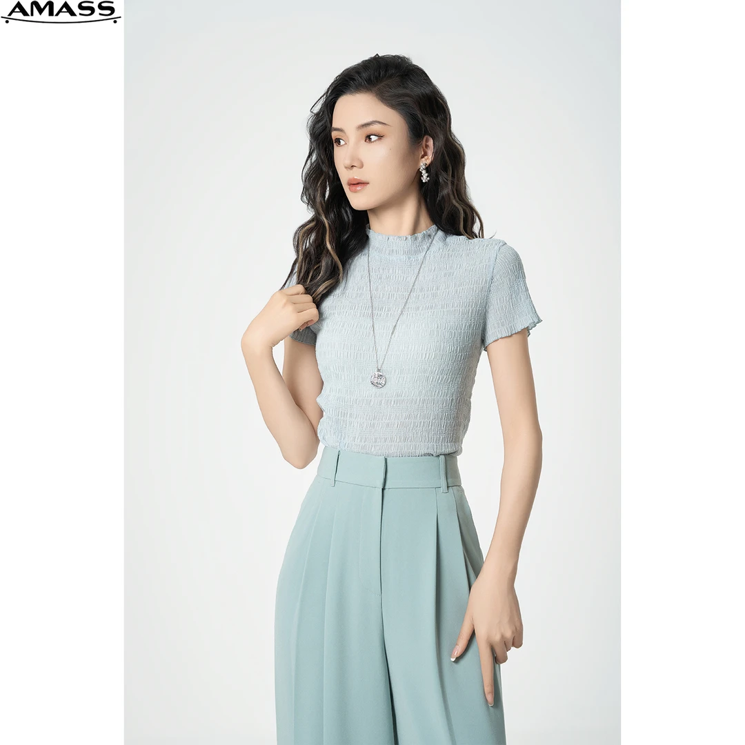 AMASS/阿玛施夏季清凉感气质花边领时尚修身T恤短袖女装 5300603