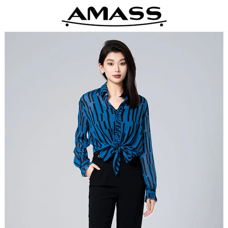 AMASS/阿玛施时尚百搭简约透视浪漫绑结薄款显瘦长袖衬衫 5300285
