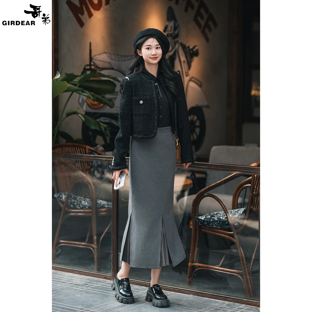GIRDEAR/哥弟新款质感百搭纯色气质高腰开衩半身裙鱼尾裙 1200232
