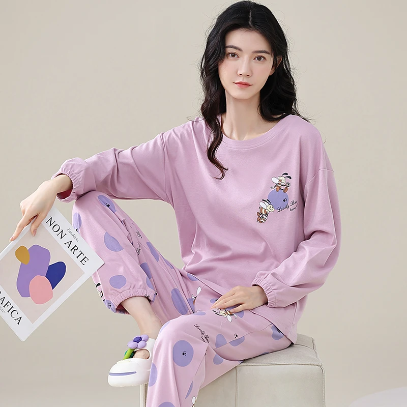 睡衣女春秋长袖长裤纯棉100%全棉大码小个子居家可外穿家居服套装